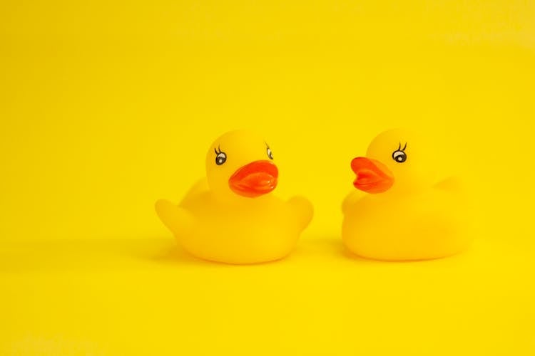 Yellow Rubber Ducks On Bright Yellow Background