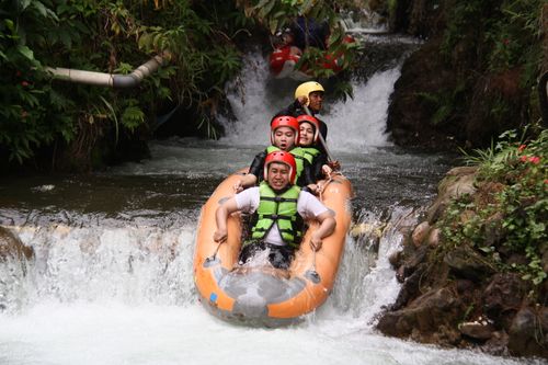 Free Exciting group experience river rafting through natural vegetation. Stock Photo