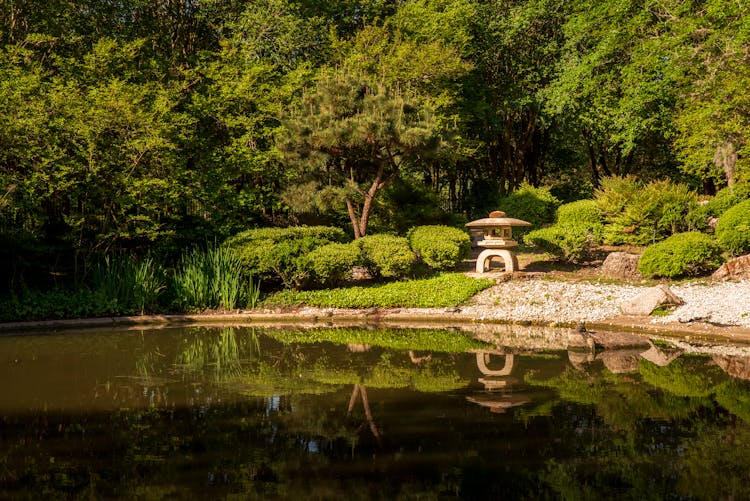 Japanese Garden With A Pond And Trees