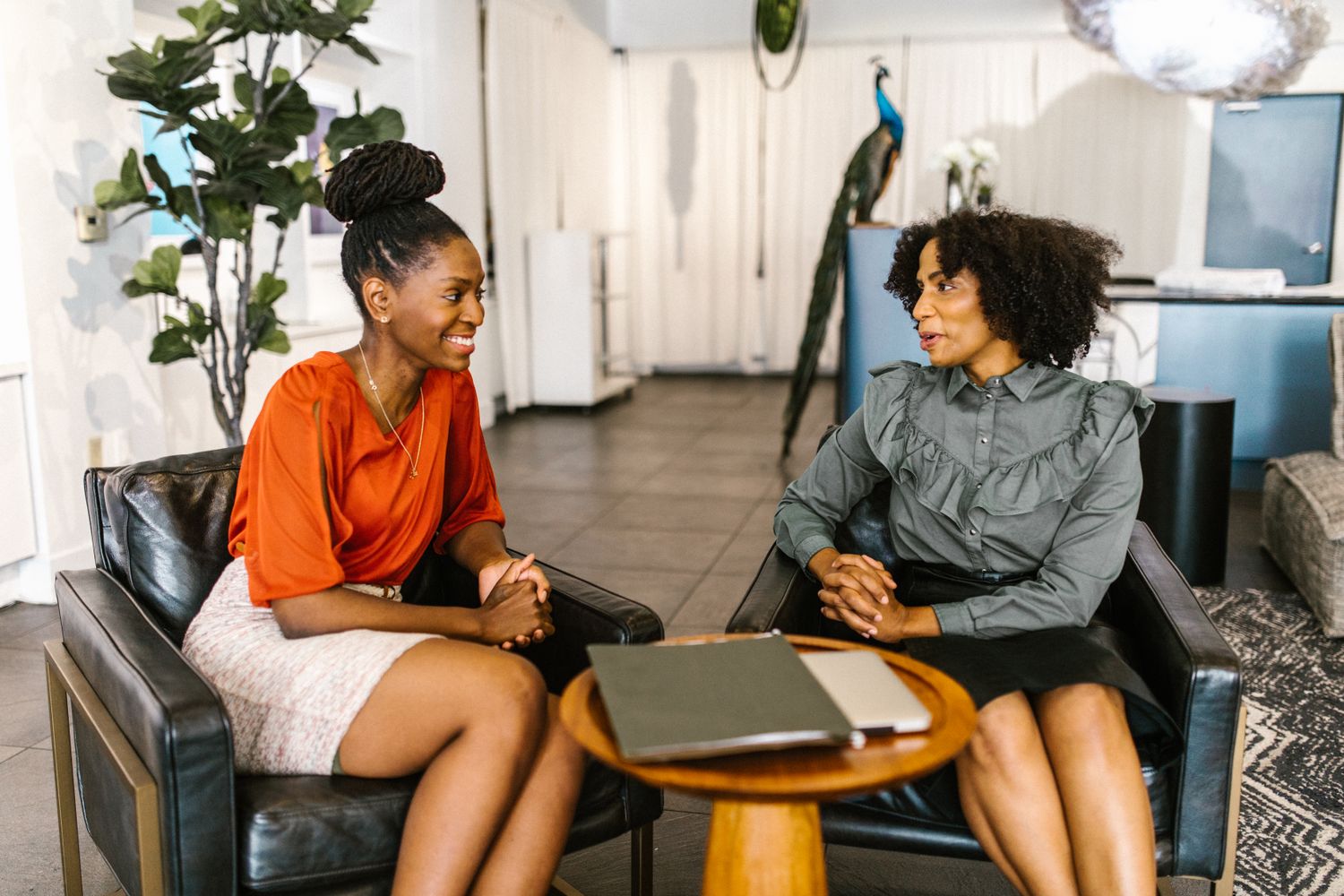 Two Black professionals in conversation