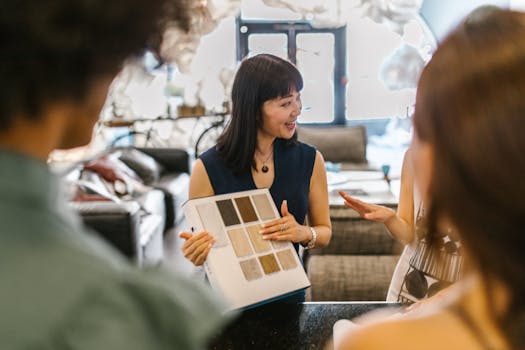 A diverse group discussing design samples in a modern office setting.