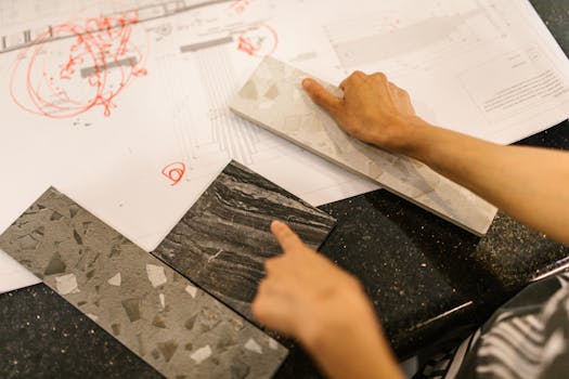 Hands selecting material samples over architectural plans in an office setting.