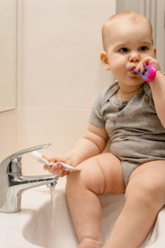 Cute baby sitting by a sink brushing teeth, promoting oral hygiene habits.