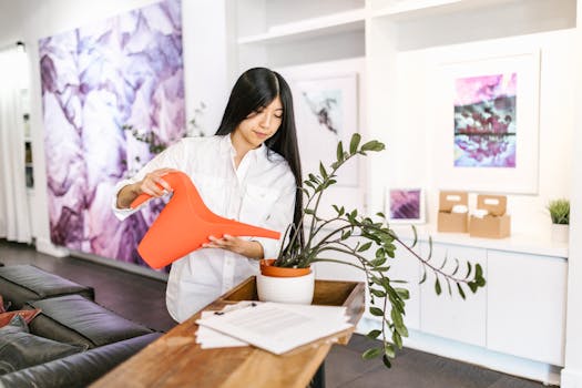 A businesswoman waters a potted plant in a contemporary office space.