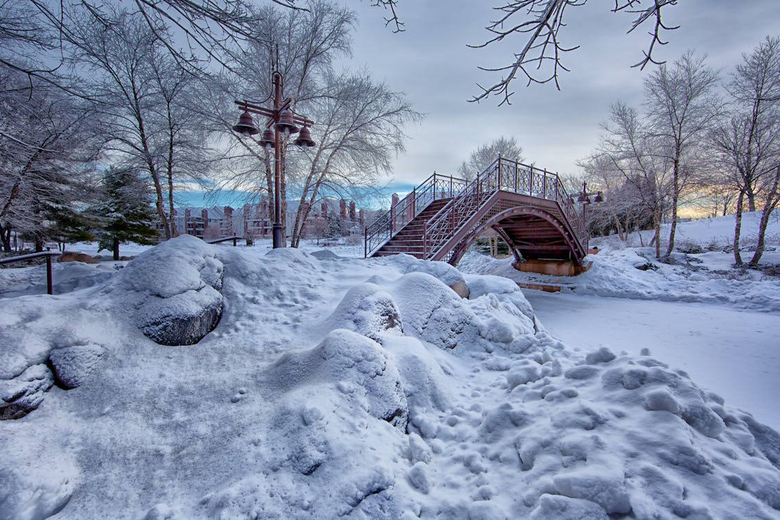 Фотография моста с белым снегом