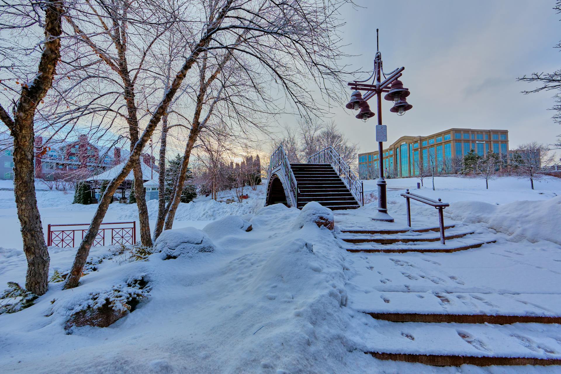 Beautiful winter landscape in Edina, Minnesota showcasing a snow-covered bridge and trees.