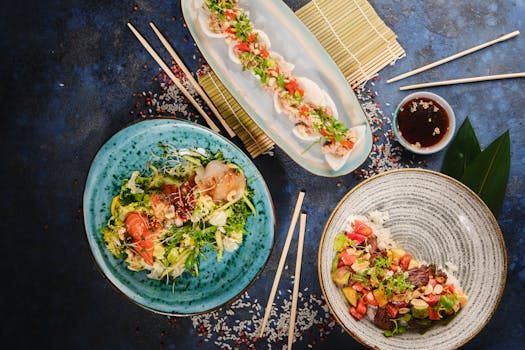 Colorful Vietnamese dishes featuring fresh seafood and vegetables beautifully plated.