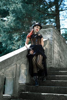 A model in cosplay attire posing stylishly outdoors on concrete stairs in Leipzig.