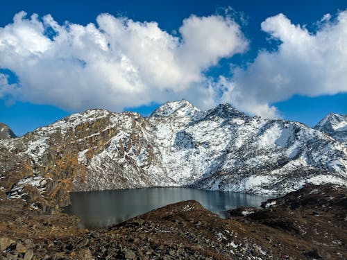 A Lake Surrounded by Snow-Covered Mountain