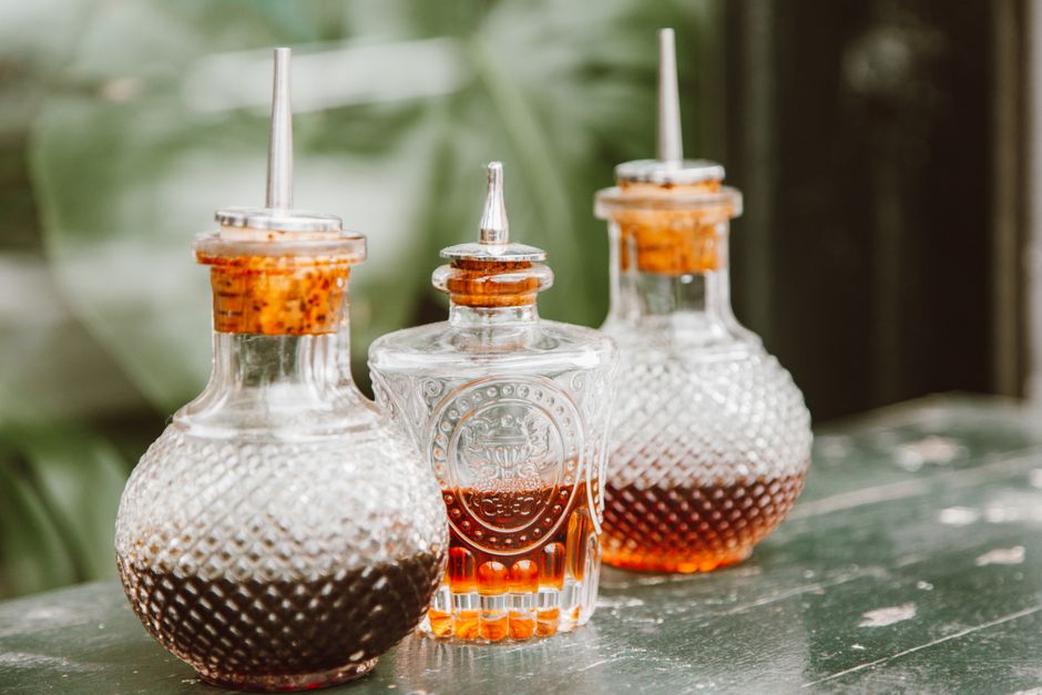 vinegar bottles kitchen shelf