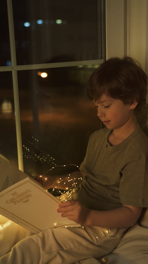 Free Photo of a Boy Reading a Book Near Christmas Lights Stock Photo