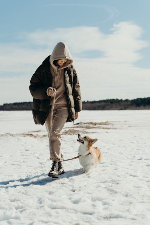 Photo of a Woman in a Brown Hoodie Walking Her Dog