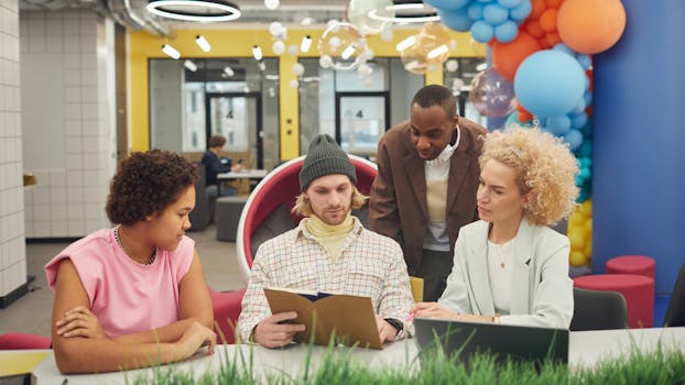 A diverse group of coworkers collaborating in a colorful modern office setting.