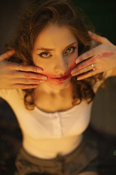 A creative portrait of a woman with red lipstick art, expressing emotion and style.