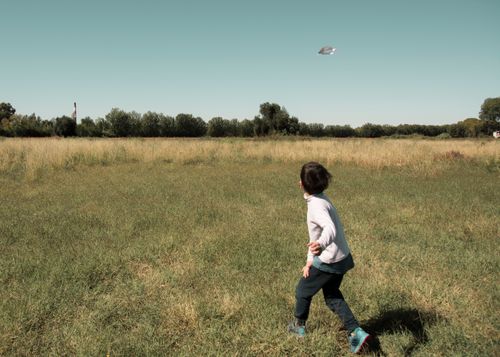 Free Young boy enjoying a sunny day playing with a paper airplane in a grassy field. Stock Photo
