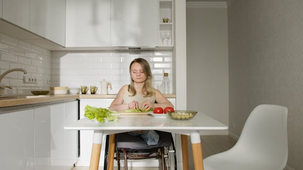 Young woman in a wheelchair slicing vegetables at a stylish kitchen table.