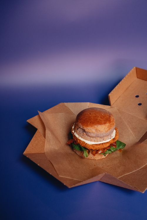 Free A delicious gourmet burger placed in eco-friendly packaging on a purple background. Stock Photo