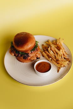 Appetizing burger with fries and sauce on a white plate against a yellow background.