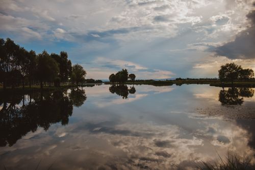 Free Tranquil lake surrounded by trees, reflecting the blue sky and clouds. Stock Photo