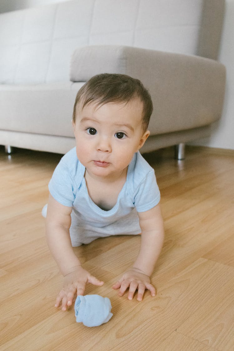 Toddler Crawling On A Wooden Floor