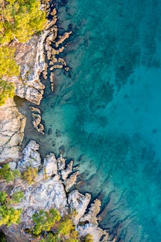 Stunning aerial shot of Croatia's rocky shoreline with crystal clear turquoise waters and lush greenery.