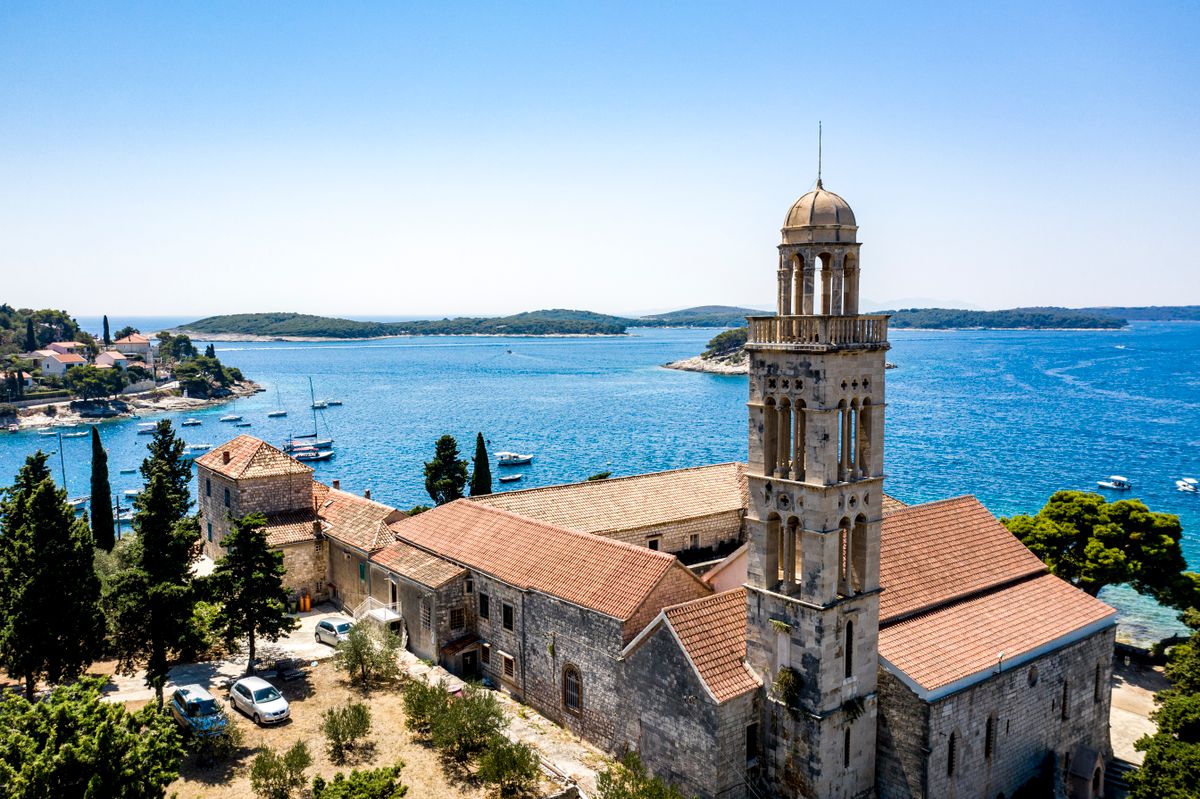 Aerial view of a historic church on the Croatian Adriatic coast