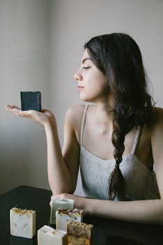 Young woman showcasing eco-friendly, handmade black soap indoors.