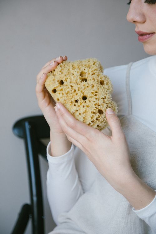 Free A woman gently holding a natural sea sponge in a calm indoor setting, emphasizing relaxation. Stock Photo