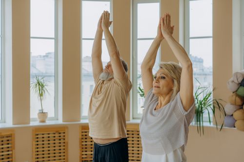 Free Senior couple practicing yoga poses indoors, promoting wellness and mindfulness. Stock Photo