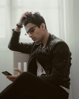 A young man in a stylish leather jacket sits indoors, focused on his smartphone, exuding a modern and thoughtful vibe.