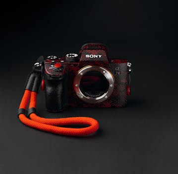 Sony A7III camera with a vibrant red strap against a black studio background.