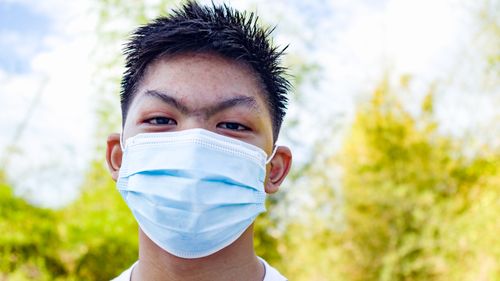 Free Calm Asian guy with dark hair in protective medical mask looking at camera against green trees in sunny day Stock Photo