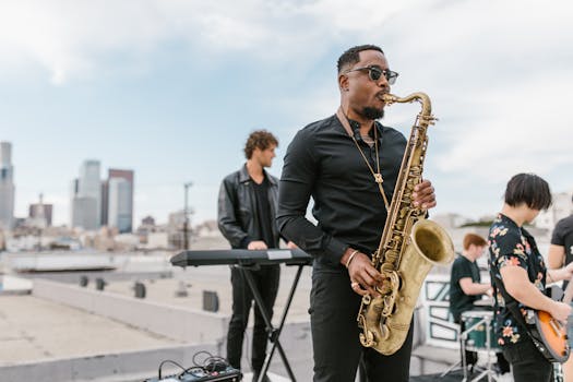 A vibrant outdoor performance by a jazz band on a rooftop featuring a saxophonist.