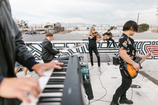 Energetic band performing on a rooftop with various musical instruments and vibrant city views.