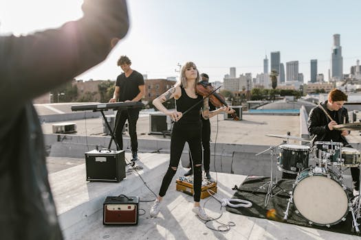 A dynamic rooftop performance featuring a band against a city skyline. Captures energy and talent.