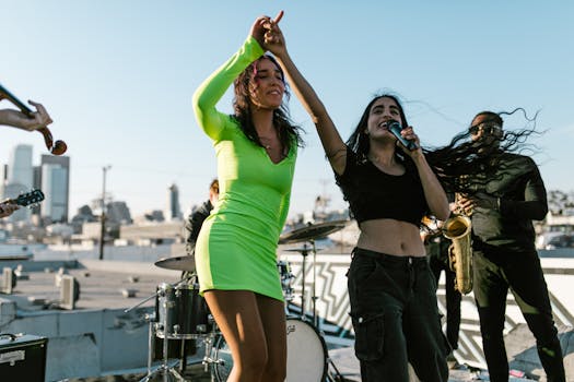 A vibrant rooftop band performance featuring singers, instruments, and a lively atmosphere.