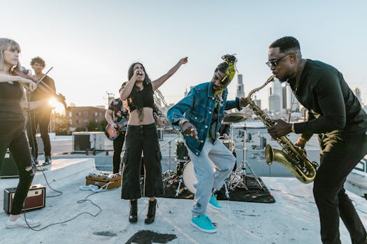 Live indie band performing a vibrant rooftop concert during sunset.