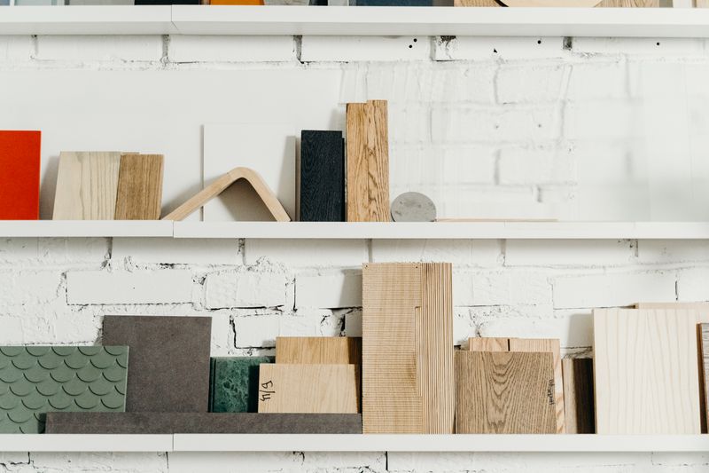 Furniture material and finish samples arranged in a Miami design studio