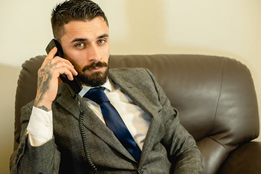 Bearded man in corporate attire sitting indoors on a call.