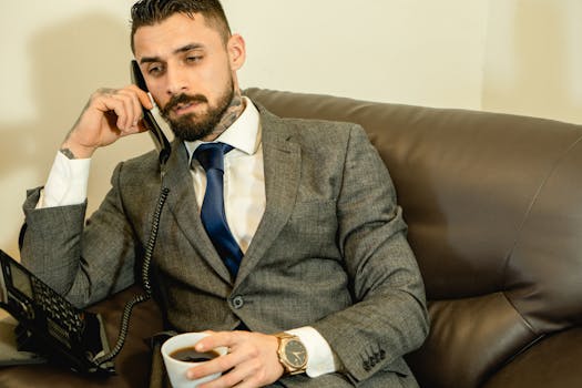 Bearded businessman in a gray suit talking on the phone while holding a coffee cup in an office setting.