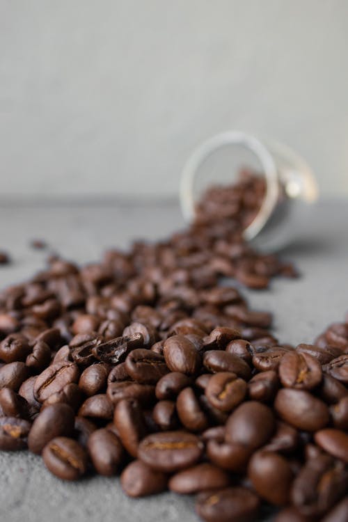 Free Closeup of roasted robusta coffee beans scattered on gray table from fallen glass cup in daylight Stock Photo