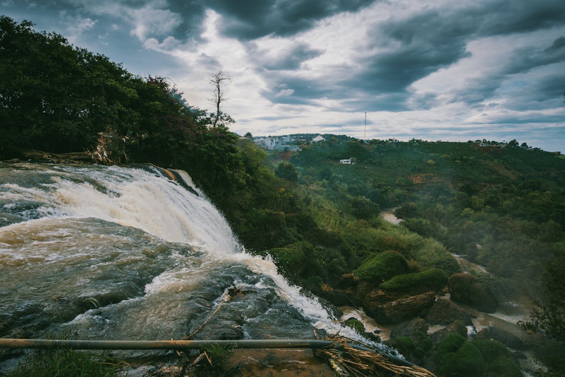 Cascadas Junto A árboles Altos Verdes Bajo Un Cielo Blanco Durante El Día