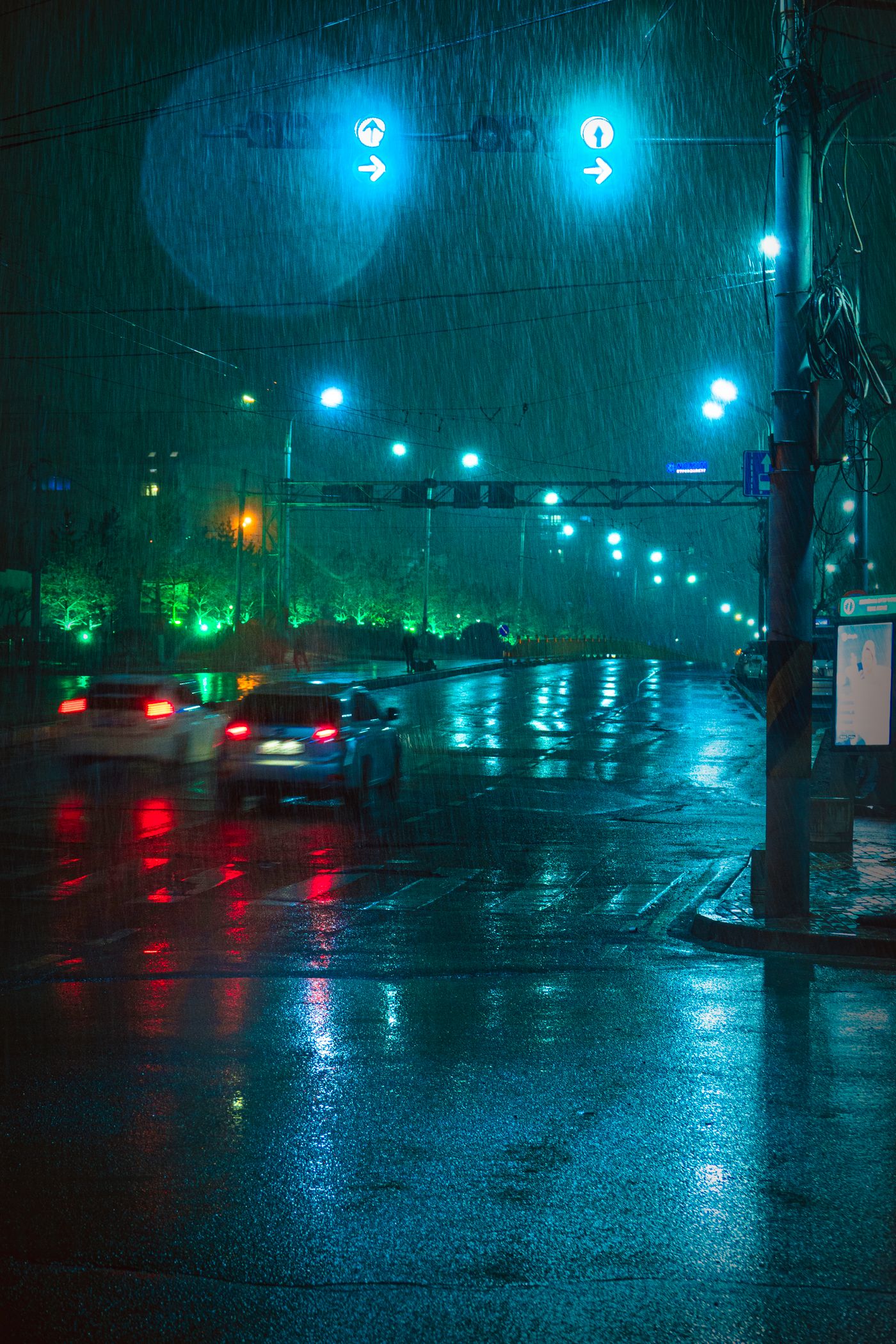 Neon-lit rainy street at night with car lights