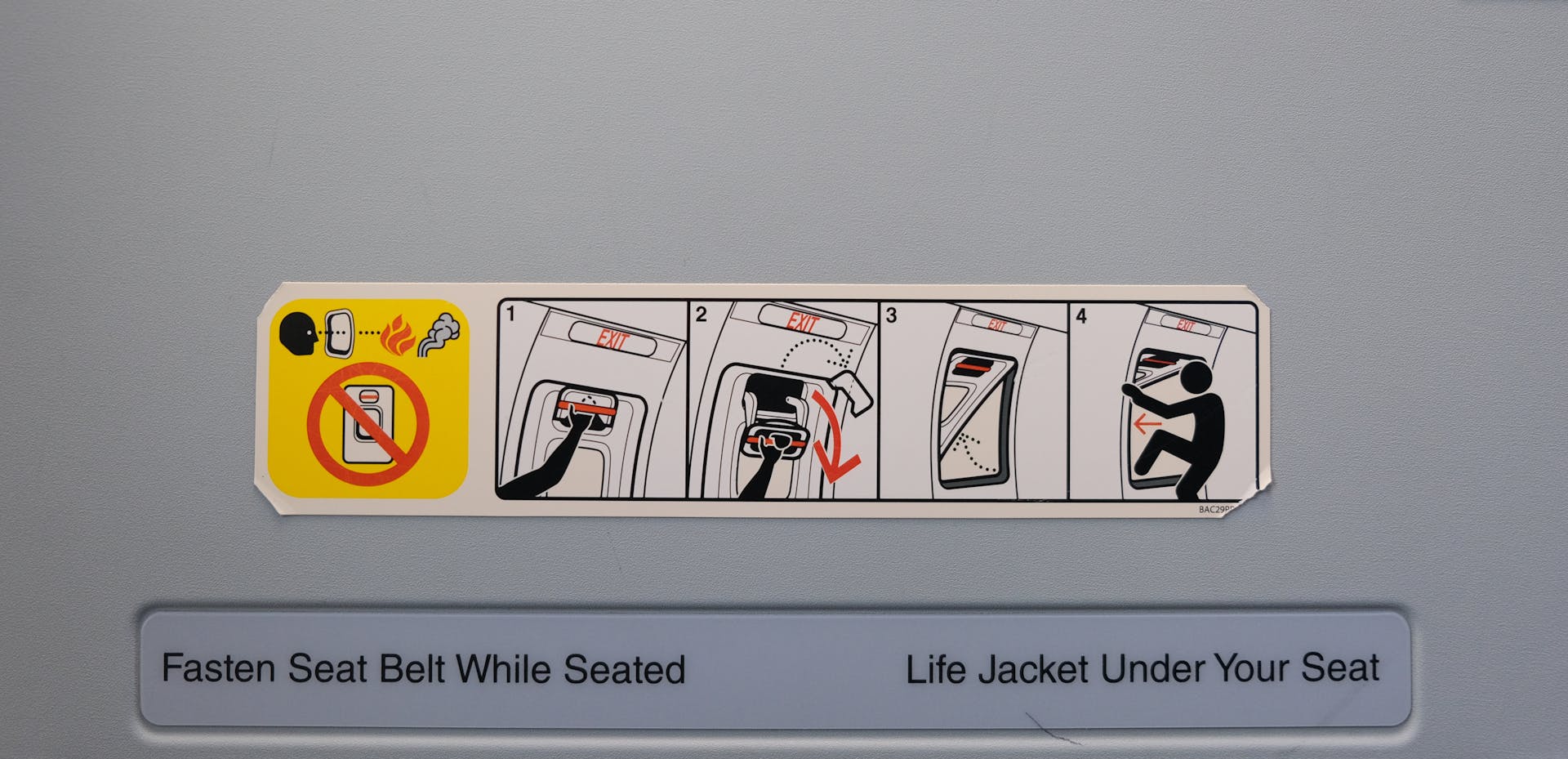 Illustrated airplane exit instructions with safety features clearly detailed.