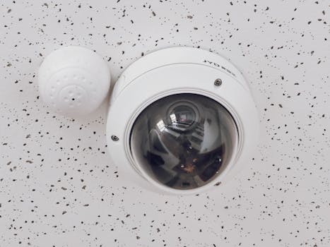 Photo by David Yu Close-up of a round dome surveillance camera installed on a speckled ceiling for security monitoring.
