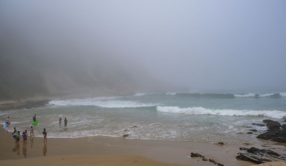 People playing along a foggy beach with gentle waves and misty atmosphere.