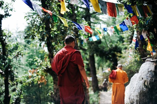 Buddhist monks walking under vibrant prayer flags in a serene forest in Nepal.