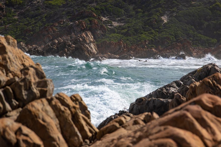 A stunning view of waves crashing against rugged rocks on a lush coastal landscape.
