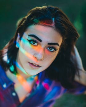 A vibrant portrait of a young woman with rainbow light on her face, deep gaze and dark hair.