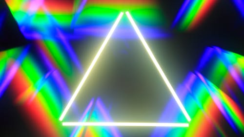 Triangle with white glowing neon illumination on black background with creative multicolored spectrum and colorful refraction of light and beams